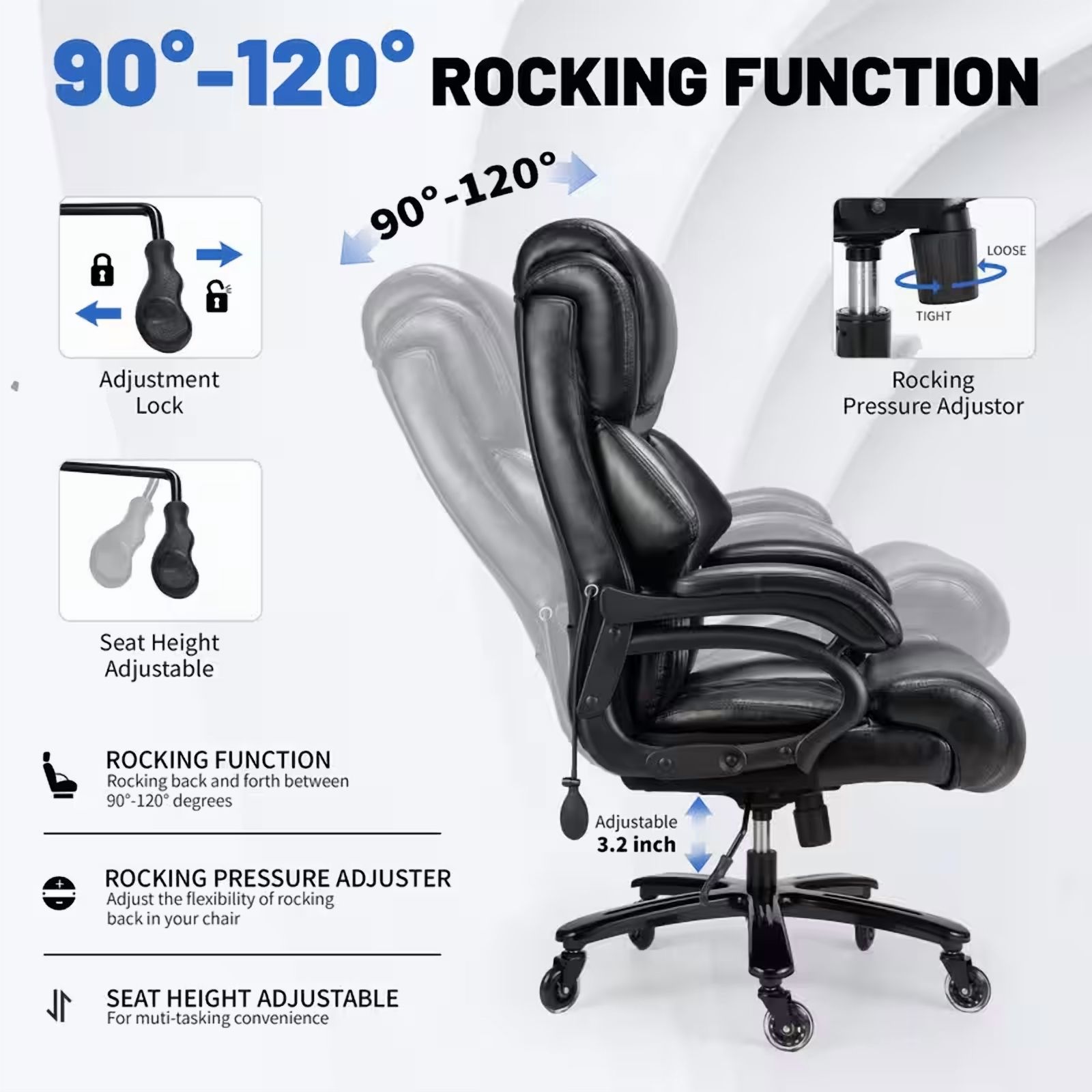 Qusaphy 800LBS Big and Tall Executive Office Chair, PU Leather Ergonomic Desk Chair with Adjustable Backrest and Thick Padded Cushion, Heavy Duty Chair for Home or Office Black