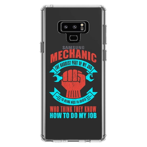 DistinctInk Clear Shockproof Hybrid Case for Samsung Galaxy Note 9 - TPU Bumper Acrylic Back Tempered Glass Screen Protector - Mechanic Being Nice to Idiots