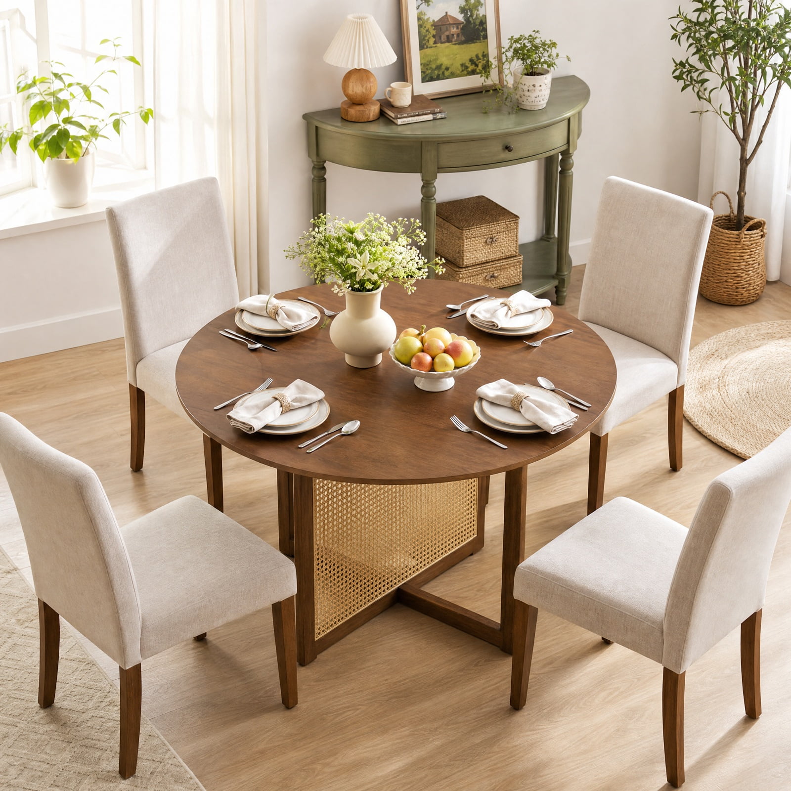 Furnibear 37 Inch Round Dining Table for 4 with Cross Pedestal Base and Rattan Accent for Kitchen and Breakfast Nook, Walnut