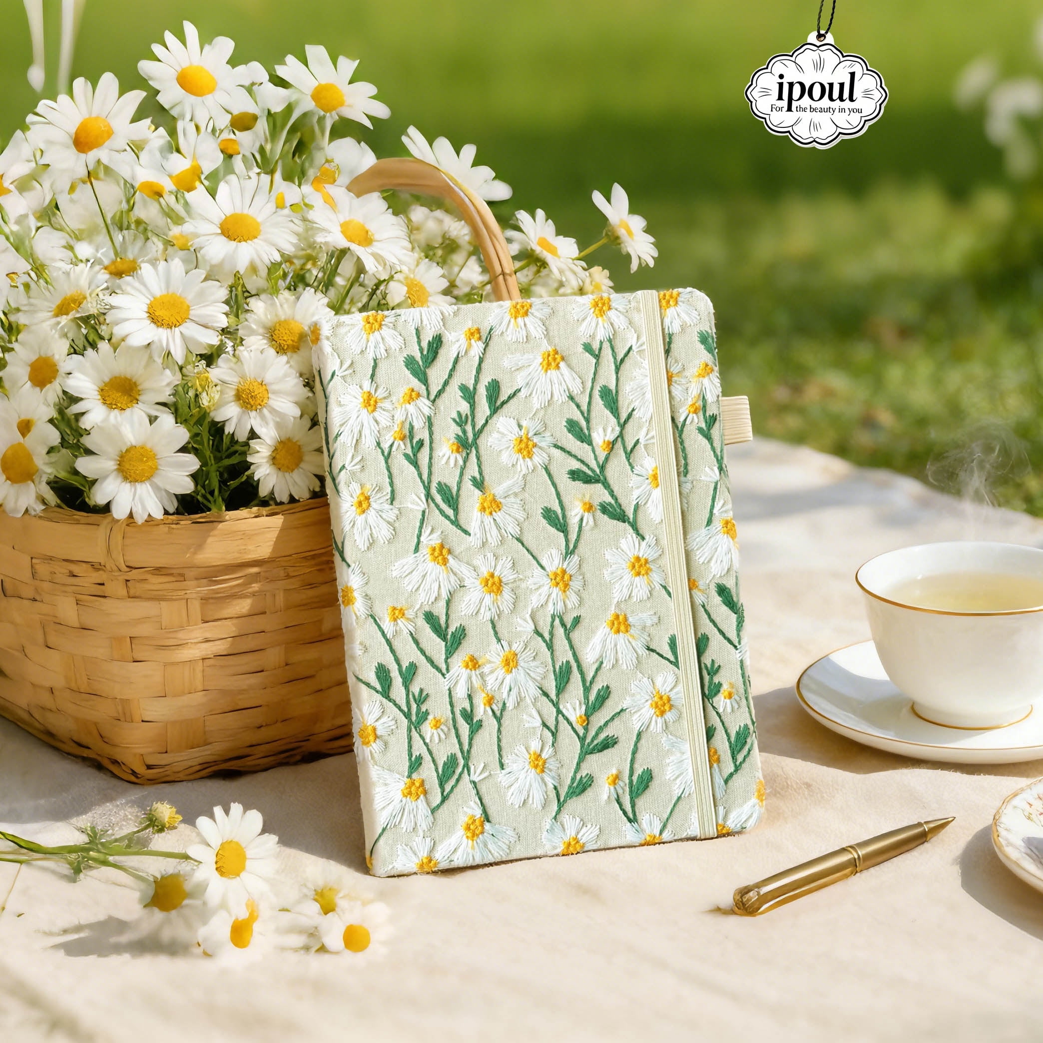 ipoul Daisy Gifts, Embroidered Floral Notebook, A5, 8"x6", Lined Paper, Hardcover, Lay Flat, Pretty Journal for Women, White