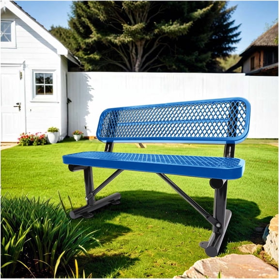 JERFIT 4 FT Blue Outdoor Park Bench with Backrest, Heavy Duty Steel Garden Bench, Weather-Resistant for Patio, Lawn, Backyard