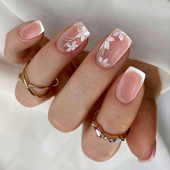 KUFptva Floral Acrylic Nails 24 Pieces French Tip Square Press on Nails Elegant Nails Accessories Fasle Nails for Women