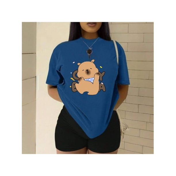 Playera Blusa De Capybara Con Paliacate Diseño Divertido Ropa Para Mujer Capibara Color Azul Talla Chica Marca Emil SaEs