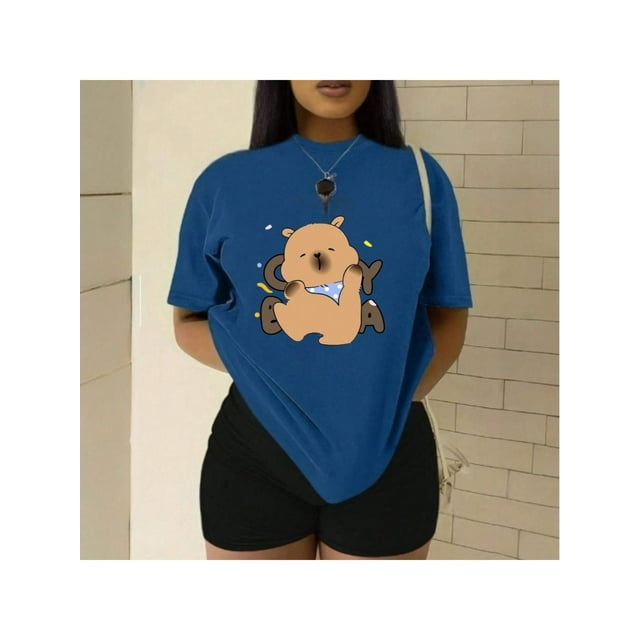 Playera Blusa De Capybara Con Paliacate Diseño Divertido Ropa Para Mujer Capibara Color Azul Talla Grande Marca Emil SaEs