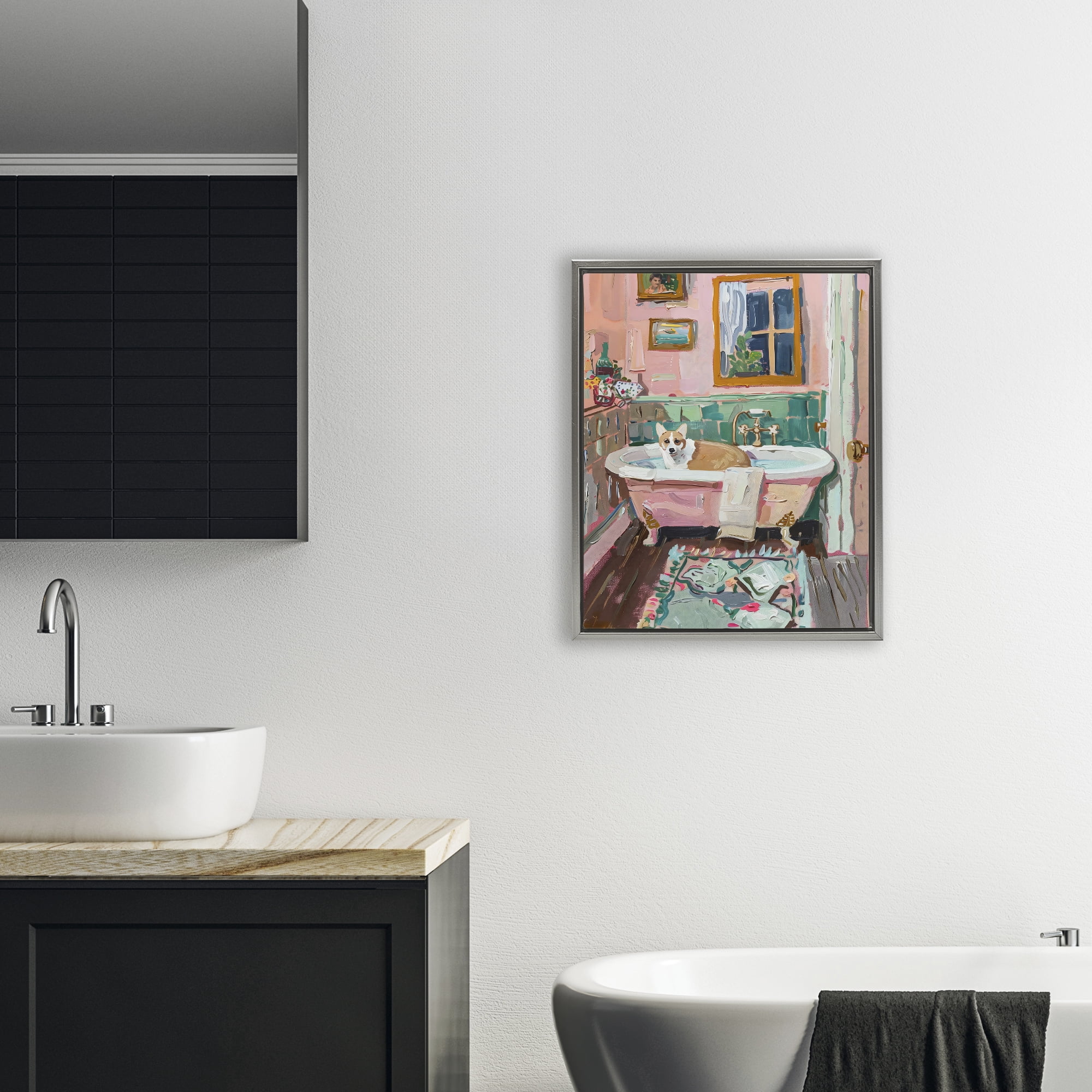 Stupell Industries Corgi in Pastel Tub Gray Framed Floater Canvas Wall Art, design by The Prints Vibe