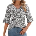 thumbnail image 2 of Jsaierl 3/4 Length Sleeve Tops for Women Plus Size V Neck Shirts Ruffle Trim Trendy Print Ladies Blouses Soft Holiday T-shirts Top S-2XL, 2 of 5