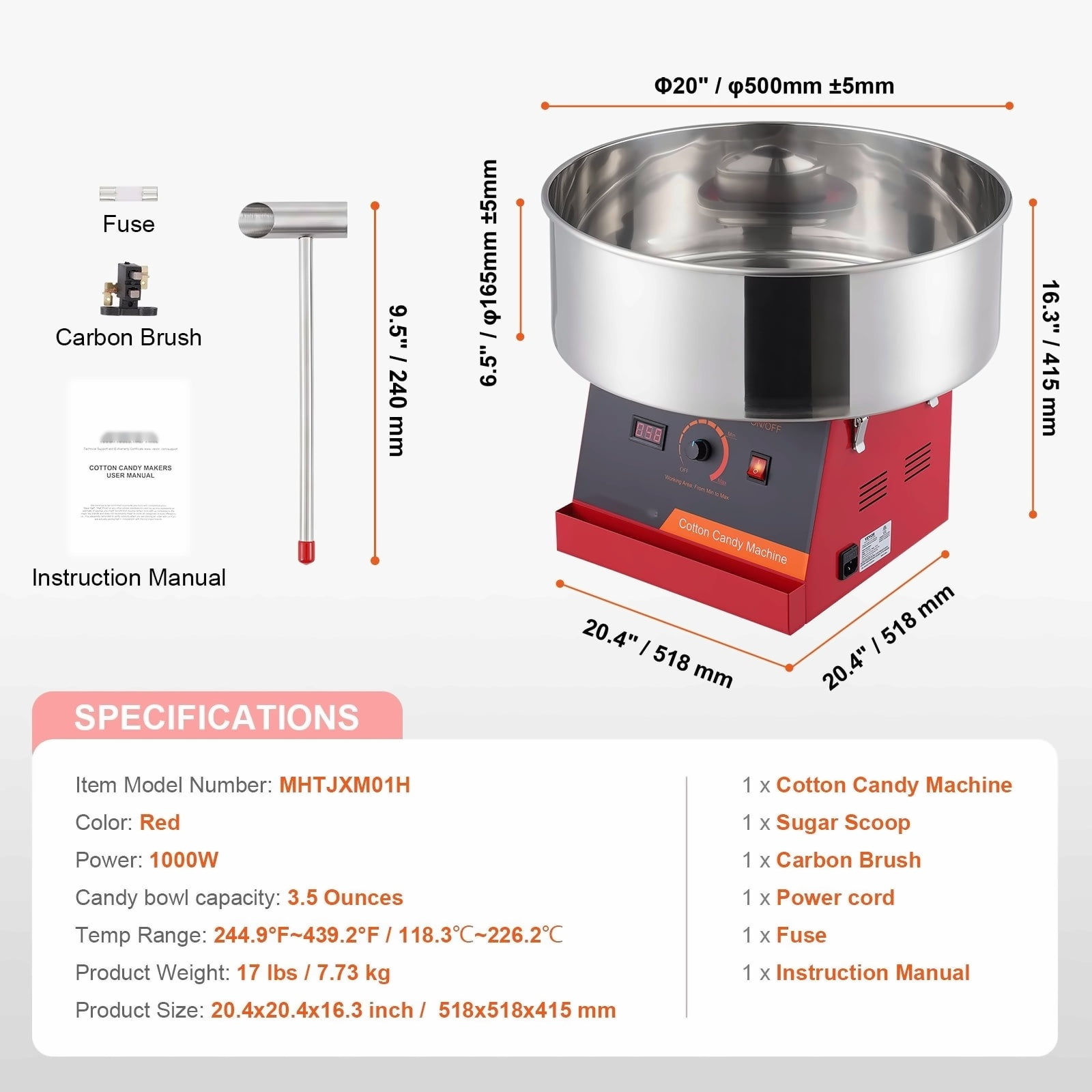 Cotton Candy Machine, 1000W Commercial Candy Floss Maker, Stainless Steel Bowl, Sugar Scoop, for Parties & Home Use (Red)