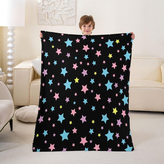Colorful Pastel Star Print Throw Blanket Black Background Cute Pattern Soft Flannel Decorative Blanket For Kids Bedroom