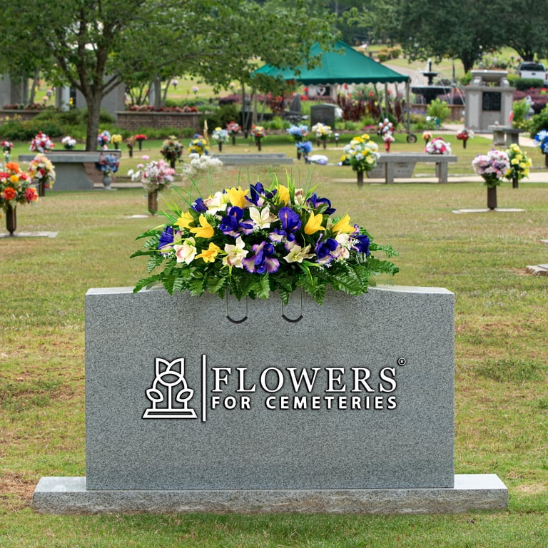 Artificial Cemetery Flowers With Vase - Purple & White Silk Lilies & Roses, Weatherproof Grave Decor With Butterflies