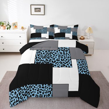 YST Mid Century Modern Queen Comforter Set,Geometric Striped Bedding,Black White Blue Bedding Comforter Sets,Abstract Cheetah Reversible Duvet Insert with 2 Pillowcases