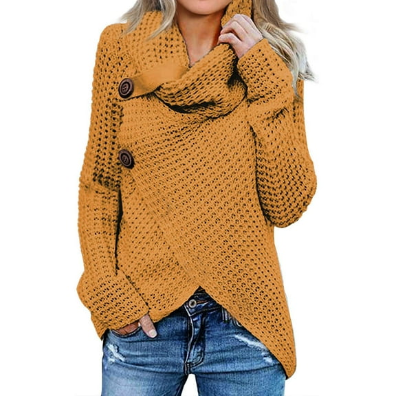 Waffle Knit Sweaters for Women Solid Color Loose Turtleneck Sweater Top Button Deco Wrap Front Sweatshirt