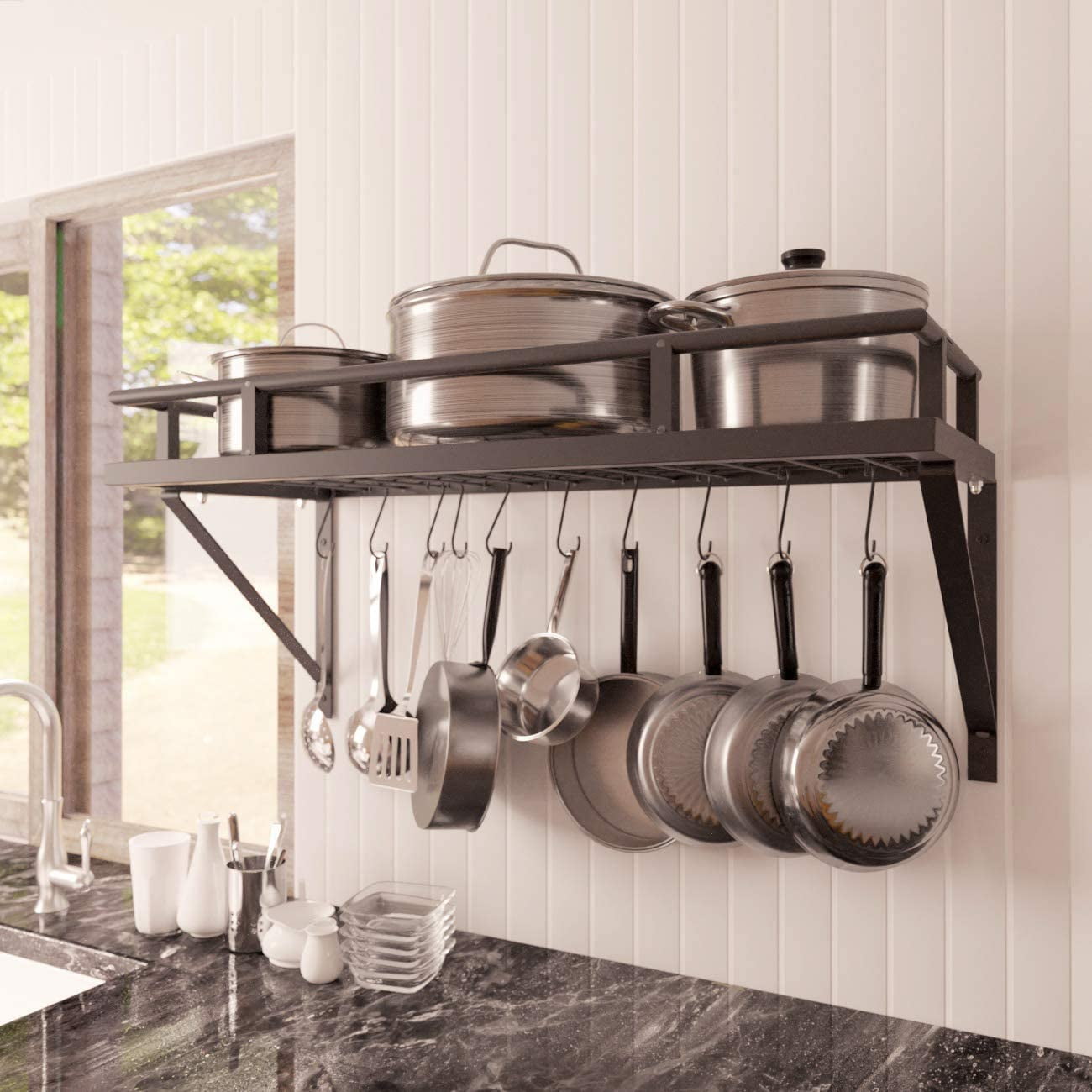 Kitchen Hanging Pot Pan Rack Wall Mount Storage Shelf Kitchenware Oven Holder