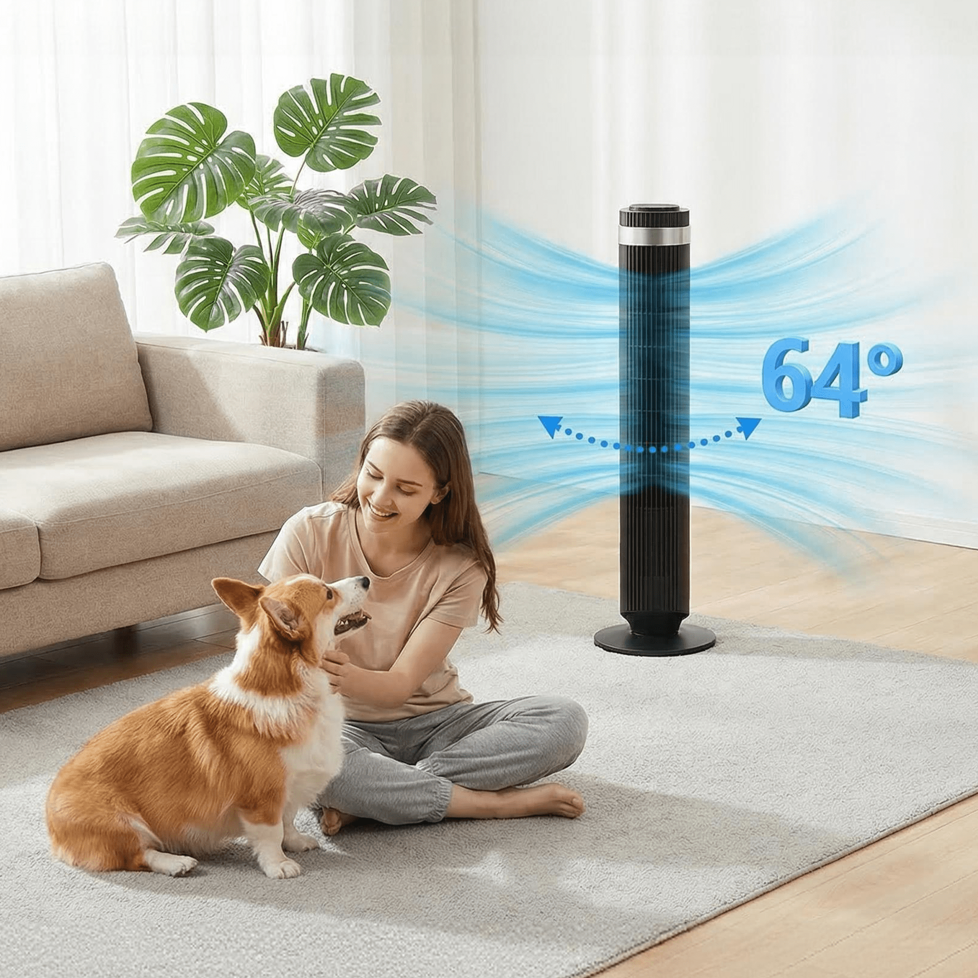 Blazezo Tower Fan With Remote, 64° Oscillating Bladeless Cooling Fan, 28dB Quiet Standing Floor Fan for Bedroom Home Office, 5 Speeds 4 Modes 12H Timer