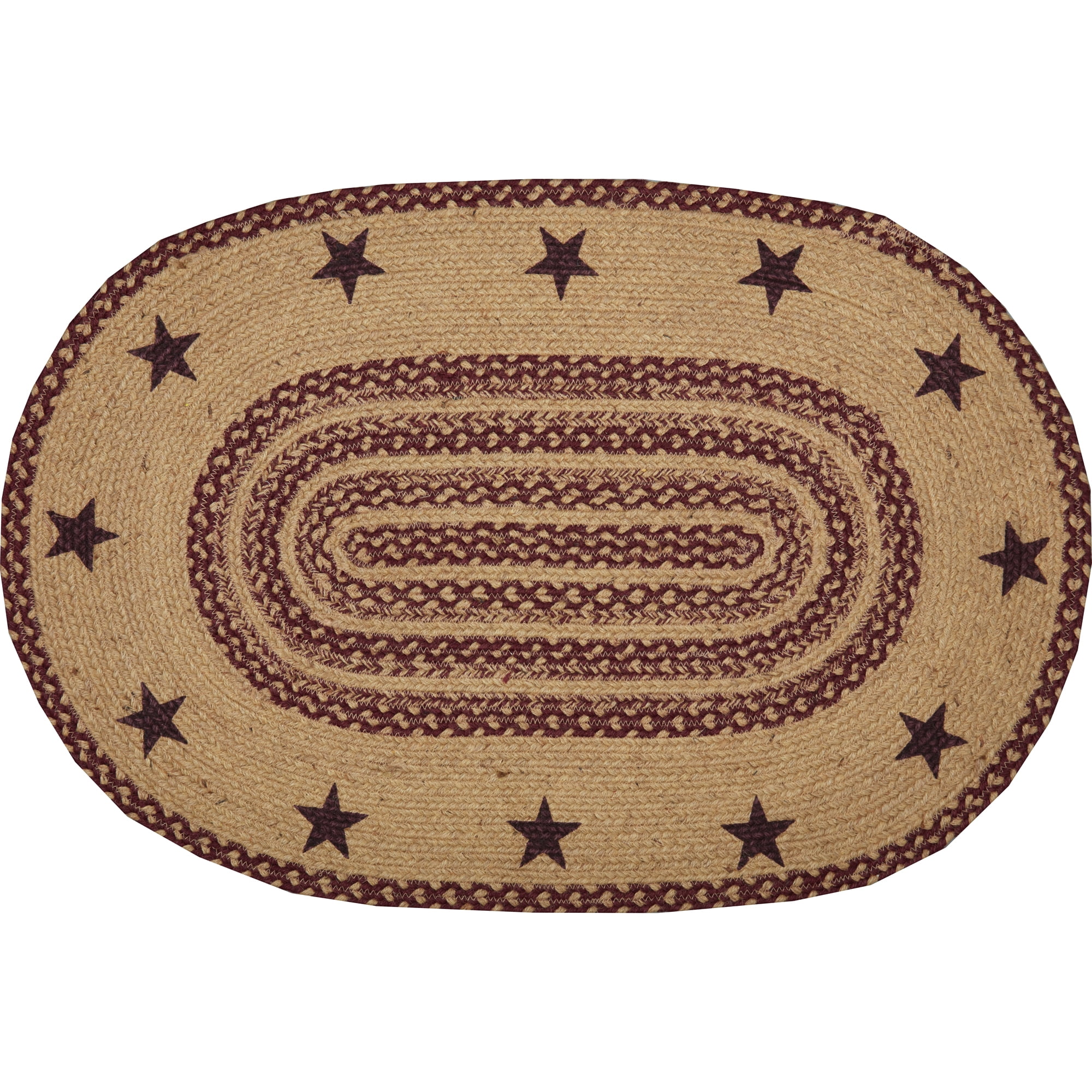 VHC Brands Burgundy Tan Jute Rug Oval Stencil Stars w/Pad 24x36