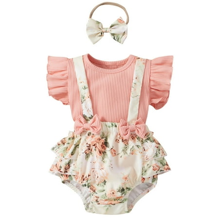 

MAMOWEAR Baby Girl Clothes Summer Short Sleeve Ruffle Romper with Headband Spring Outfits Newborn Girls