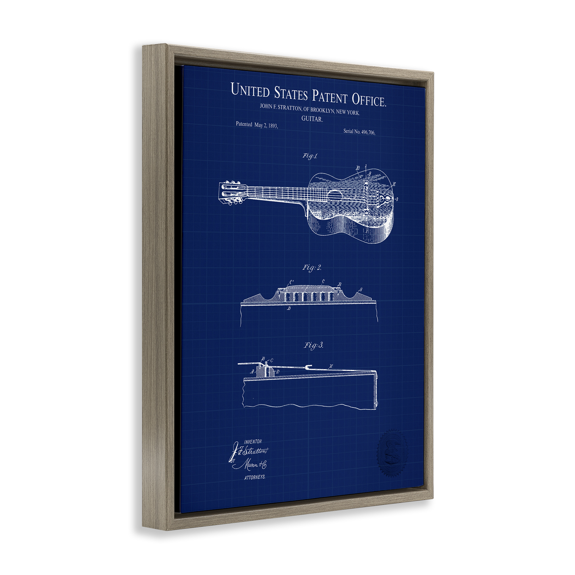 Stupell Industries Acoustic Guitar Blueprint Performing Arts Painting Brown Floater Framed Art Print Wall Art, 25 x 31