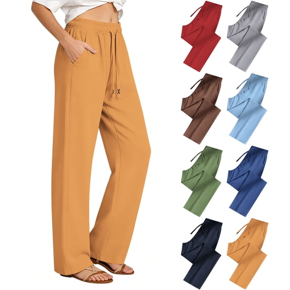 Womens Casual Pants High Waist Straight Leg Trousers Lightweight Quick Dry Drawstring Lounge Pants with Pockets for Summer Travel,Olive Green,L