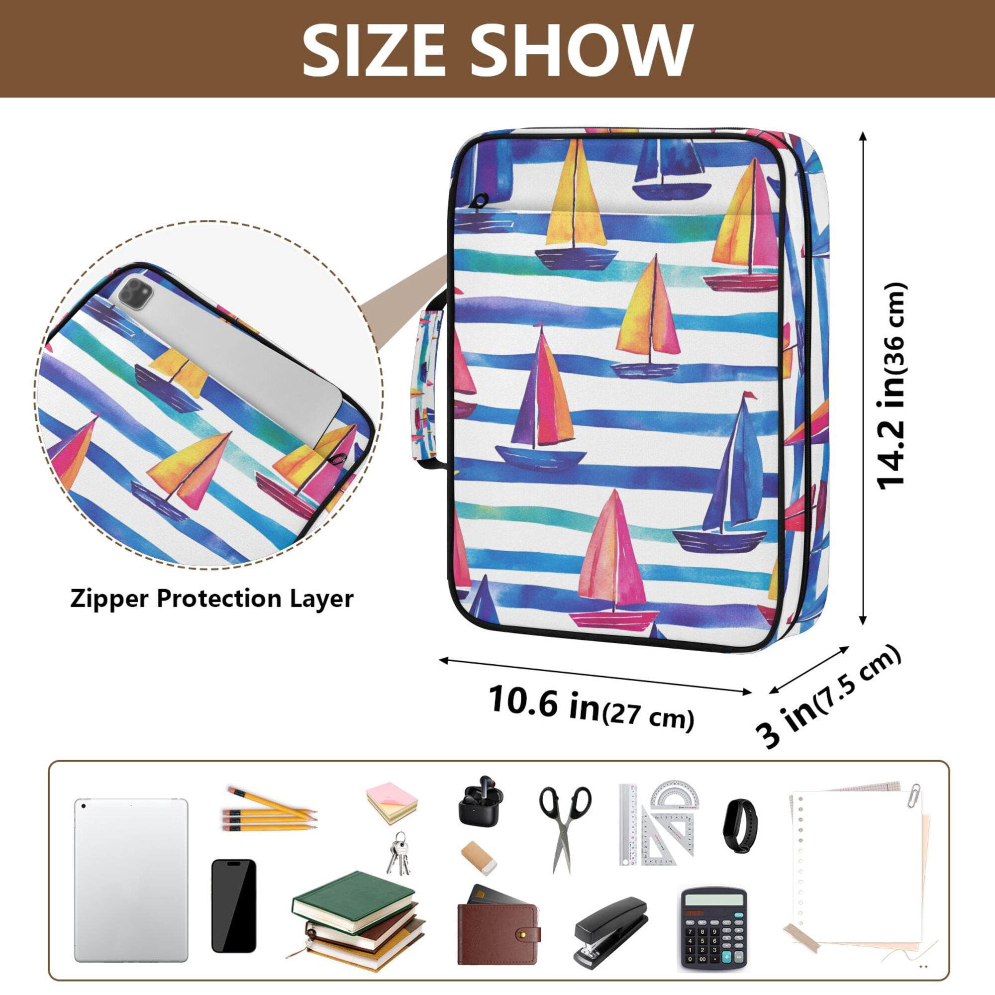 FORMRS Accordion File Folder A4 Size 7-Pocket Expanding Document Organizer Bag with 3 Ring Binder, Blue Hand Drawn Sailboats