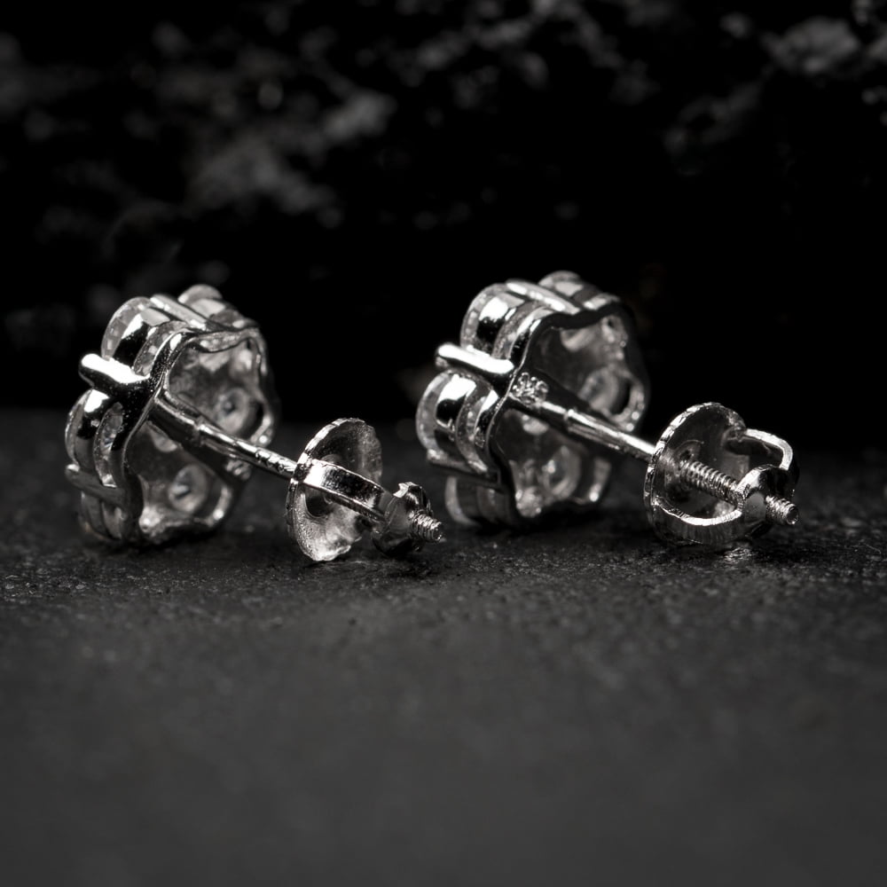 Flower Cluster Brilliant White Gold Plated 925 Sterling Silver Screw Back Post Iced Cz Circle Stud Round Hip Hop Earrings