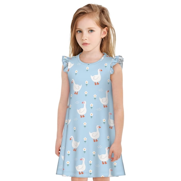 Fotbe Goose White Flowers Vestido de Dormir para Niñas de 3 a 10 Años, Mangas Cortas, Estilo Princesa, Pijama Camisón con Mangas Voladas-XX-Large