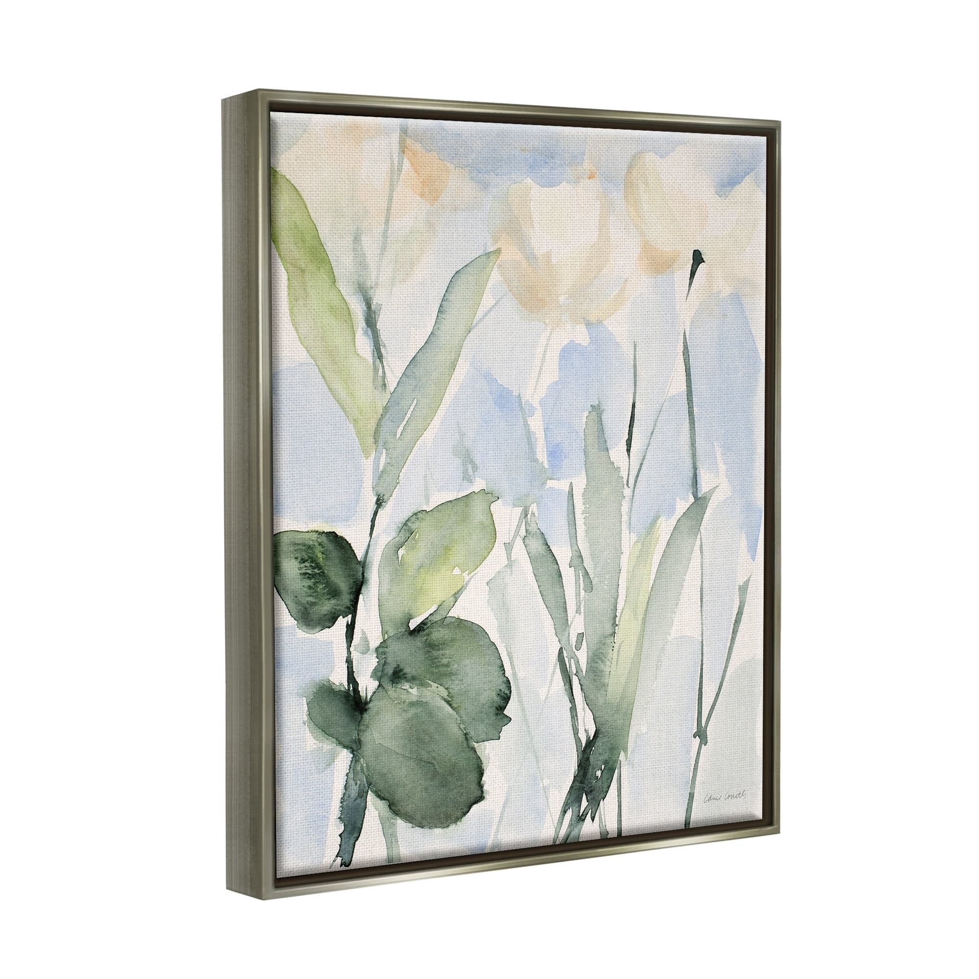 Stupell Industries Abstract White Flowers Leaves Watercolor Effect Brushstrokes Painting Luster Gray Floating Framed Canvas Print Wall Art, Design by Lanie Loreth
