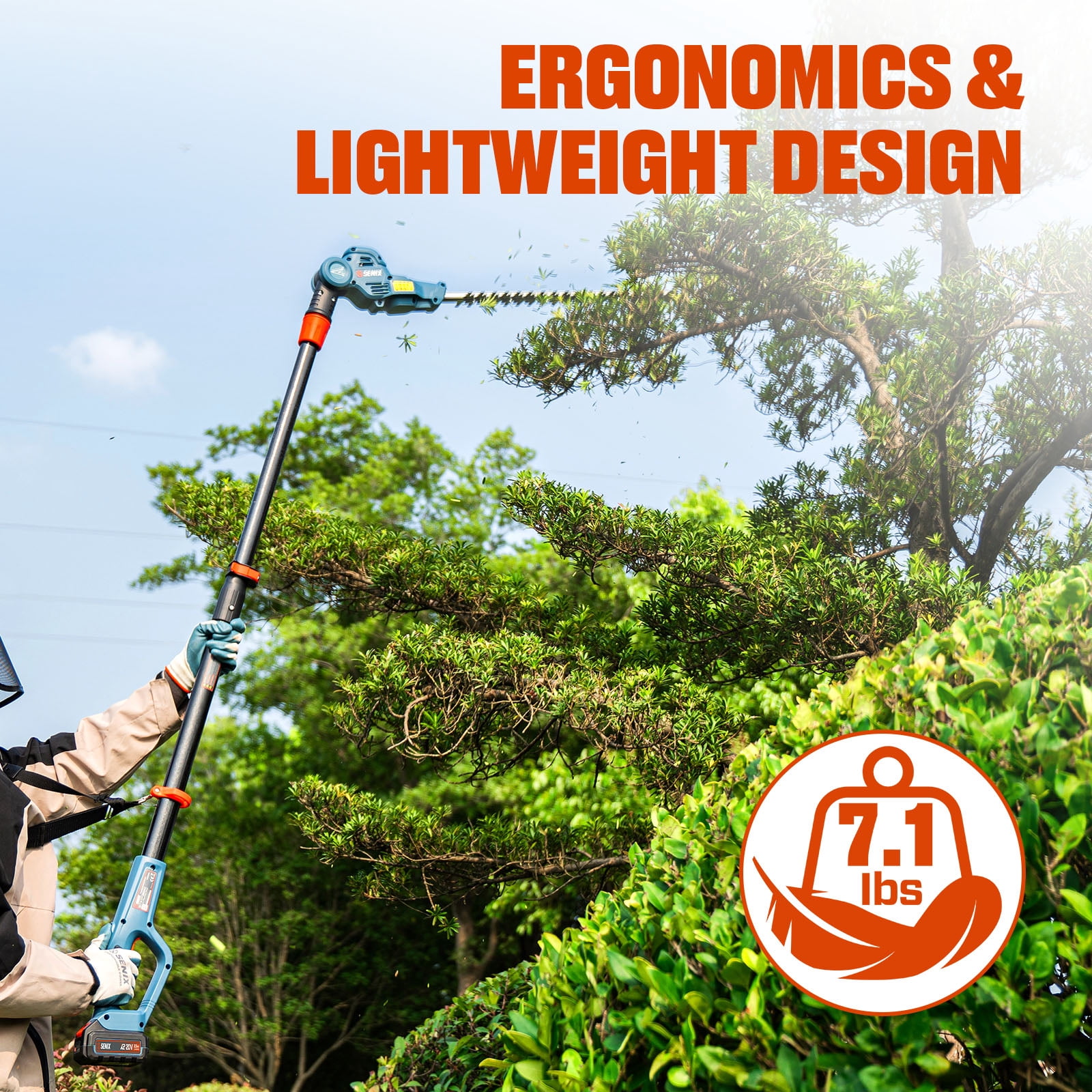 SENIX 20 Volt Max* Cordless Pole Hedge Trimmer 21-inch Blade Length with Adjustable Head & Telescoping Shaft, Battery & Charger included, HTPX2-M