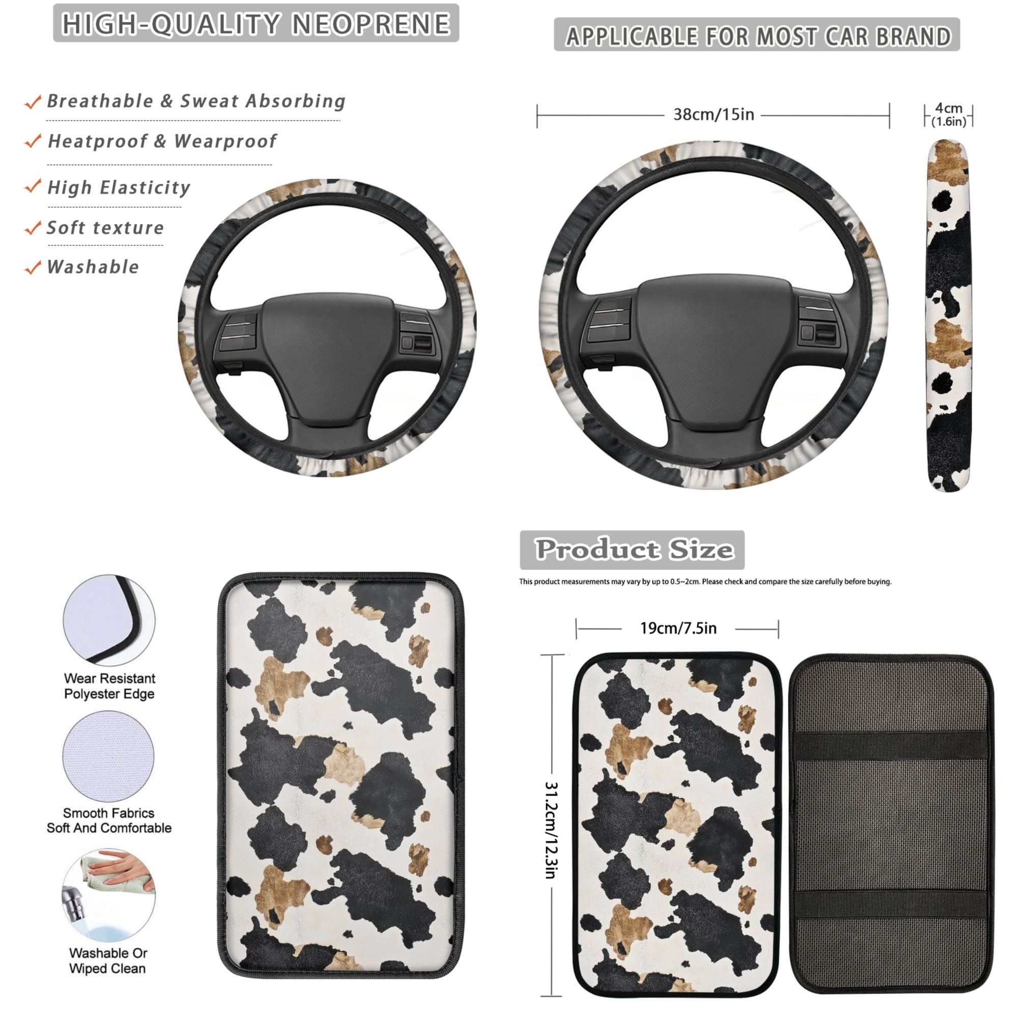 Jeiento Cow Print 13 Pack Car Seat Cover Set, Including Steering Wheel, Auto Seatbelt Pads, Cup Coasters, Armrest, Keychains, Chapstick Holder, Black Brown Car Accessory Interior Decor