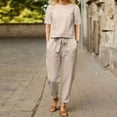 thumbnail image 2 of vigerkar Linen Sets for Women 2 Piece Summer Casual Matching Set Outfits Short Sleeve T Shirts and Pants with Pockets Khaki, XXL, 2 of 9