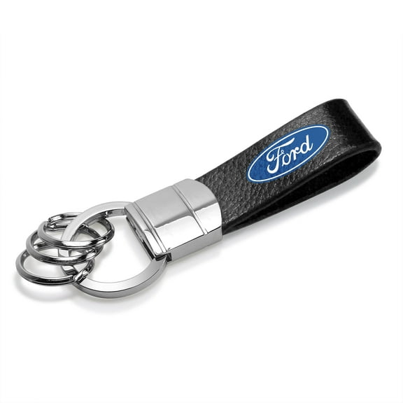 iPick Image for Ford Logo Black Real Leather Strap Chrome Round Hook Metal Key Chain, Official Licensed