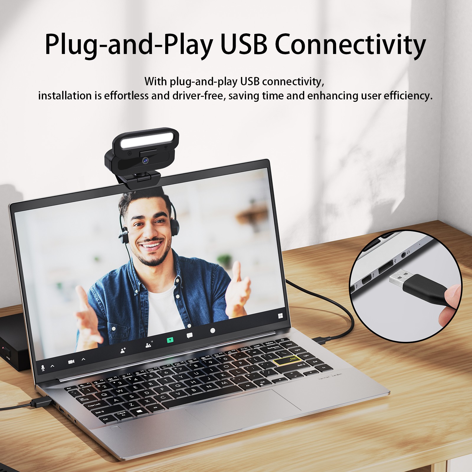 B09-4K 4K Webcam with Privacy Shutter & Fill Light, USB , 1.5M Cable & Type-C Adapter, Flexible Mount for Li