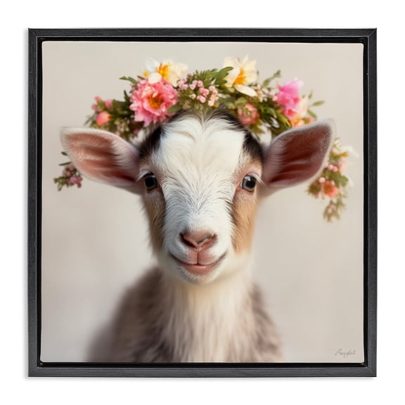 Stupell Industries Flower Crowned Goat Black Framed Floater Canvas Wall Art, design by Roozbeh