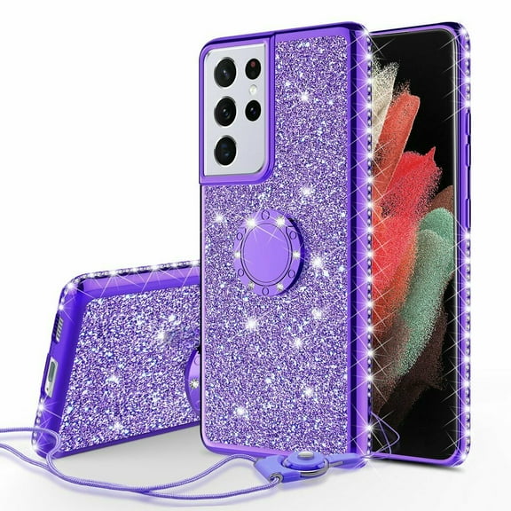 Noir Glitter Case For Galaxy S21 Ultra Case, Ring Kickstand Bling Cover for Girls Women Diamond Sparkly for Galaxy S21 Ultra Cases - Purple