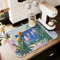 Yayeee Drying Mat for Kitchen Counter Dishes Microfiber Coffee Decorative Pad, Boat Seaside