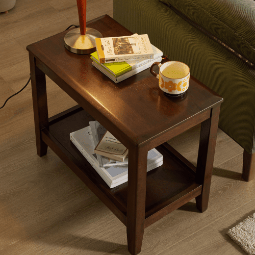 Solid Wood Rustic Side Table, 2-Tier End Table with Shelf, Rubberwood Sofa Table for Living Room, Walnut