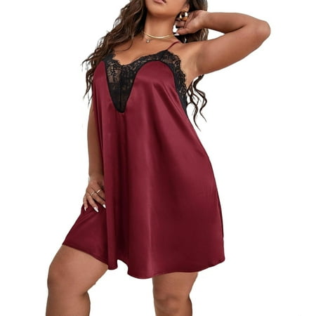 

Sexy Colorblock Cami Strap Slip Dress Sleeveless Burgundy Plus Size Nightgowns & Sleepshirts (Women s)