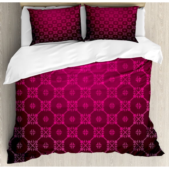 Magenta Duvet Cover Set, Medieval Style Endless Bound Square Shaped Striped Middle Age Damask Motifs Print, Decorative 3 Piece Bedding Set with 2 Pillow Shams, Calking Size, Magenta, by Ambesonne