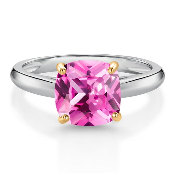 Gem Stone King 925 Sterling Silver and 10K Yellow Gold Pink Created Sapphire Solitaire Engagement Ring for Women (2.75 Cttw, Cushion 8MM, Gemstone September Birthstone, Size 5)