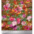 thumbnail image 1 of Soimoi Brown Poly Georgette Fabric Leaves & Pink Floral Watercolor Printed Craft Fabric by The Yard 42 Inch Wide, 1 of 1