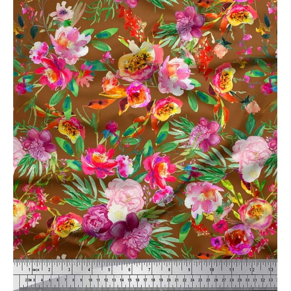Soimoi Brown Poly Georgette Fabric Leaves & Pink Floral Watercolor Printed Craft Fabric by The Yard 42 Inch Wide