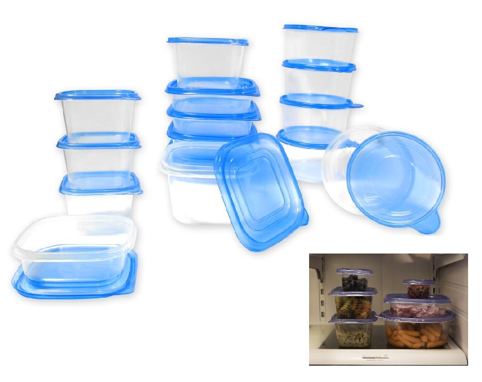 30 Pcs Plastic Food Storage Containers Set with Blue Lids