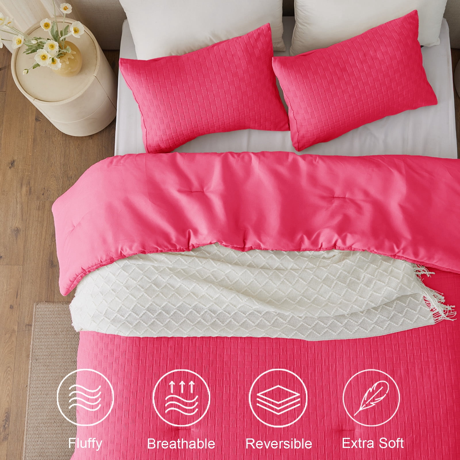 Whale Flotilla 2-Piece Jacquard Braid Ultra Soft Twin Comforter Set, Luxury Reversible Microfiber Comforters Twin Size Bedding Set with Pillowcase, Lightweight Duvet for All Seasons, Hot Pink