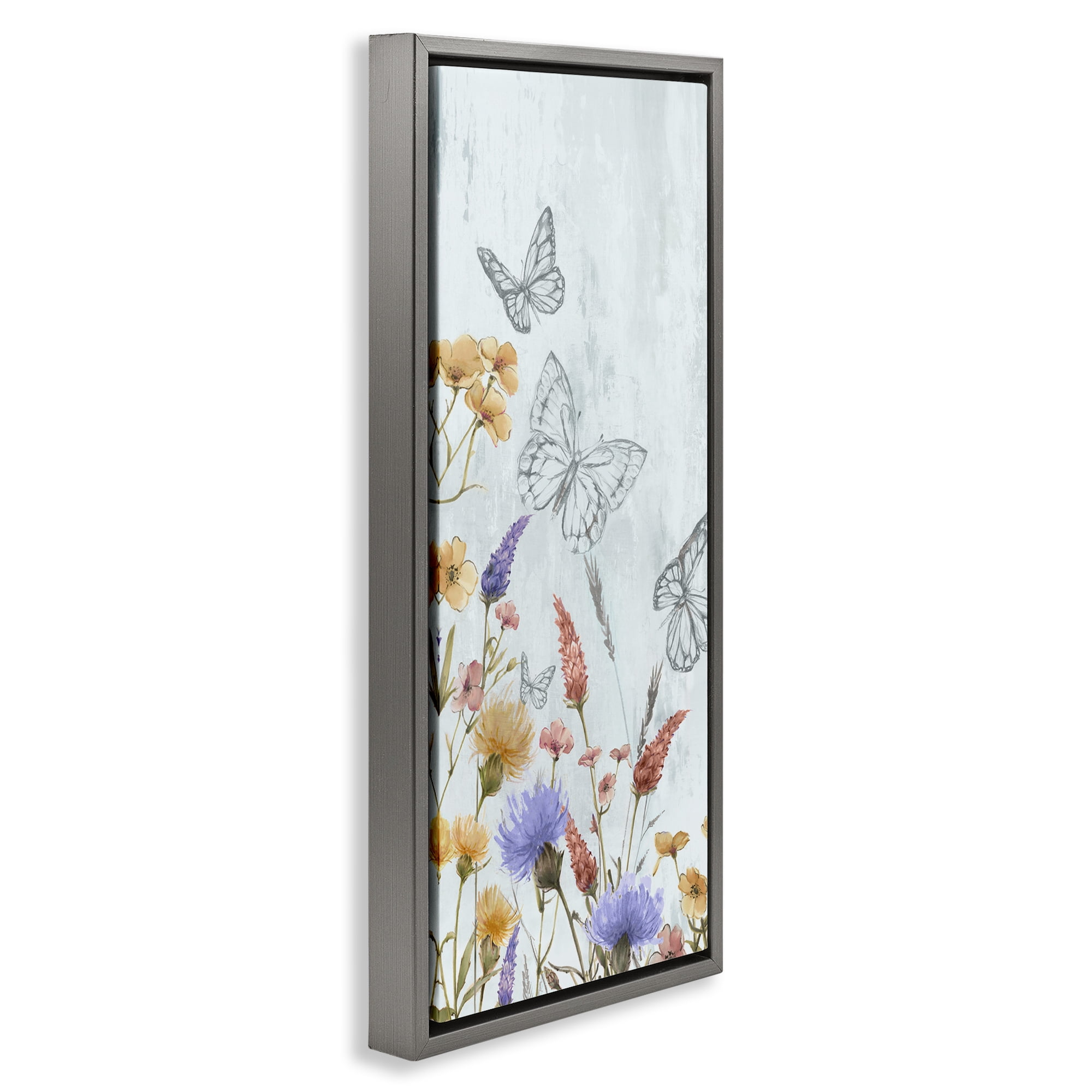 Stupell Industries Butterfly Outlines & Florals Plants & Flowers Painting Gray Floater Framed Canvas Art Print Wall Art, 14 x 31