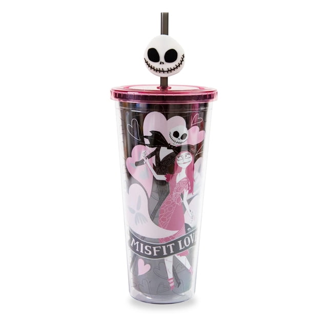 Silver Buffalo Disney The Nightmare Before Christmas Misfit Love con Jack Skellington y Sally taza fría de plástico con tapa y tapa de pajita, 24 onzas