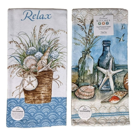 Set of 2 COASTAL SANCTUARY Bottles & Basket Terry Kitchen Towels Kay Dee Designs