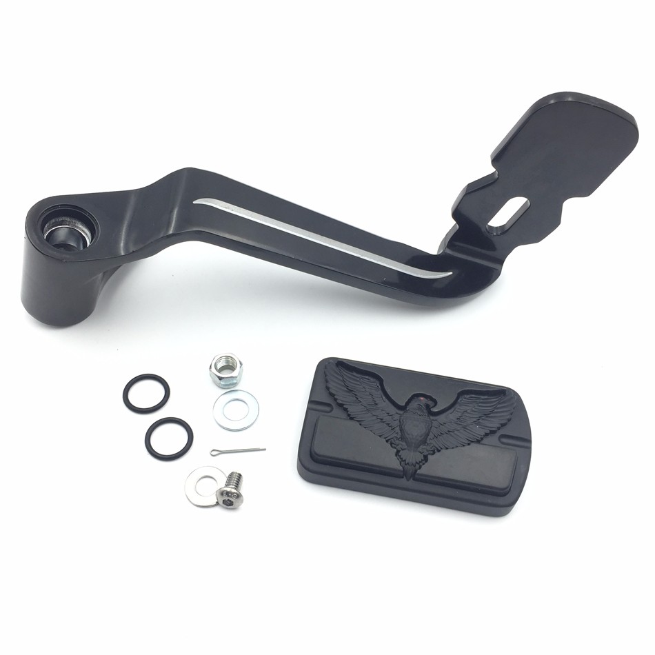 HTT Motorcycle Black Billet Rear Brake Lever Brake Pedal Foot Lever with Eagle Hawk Foot Peg