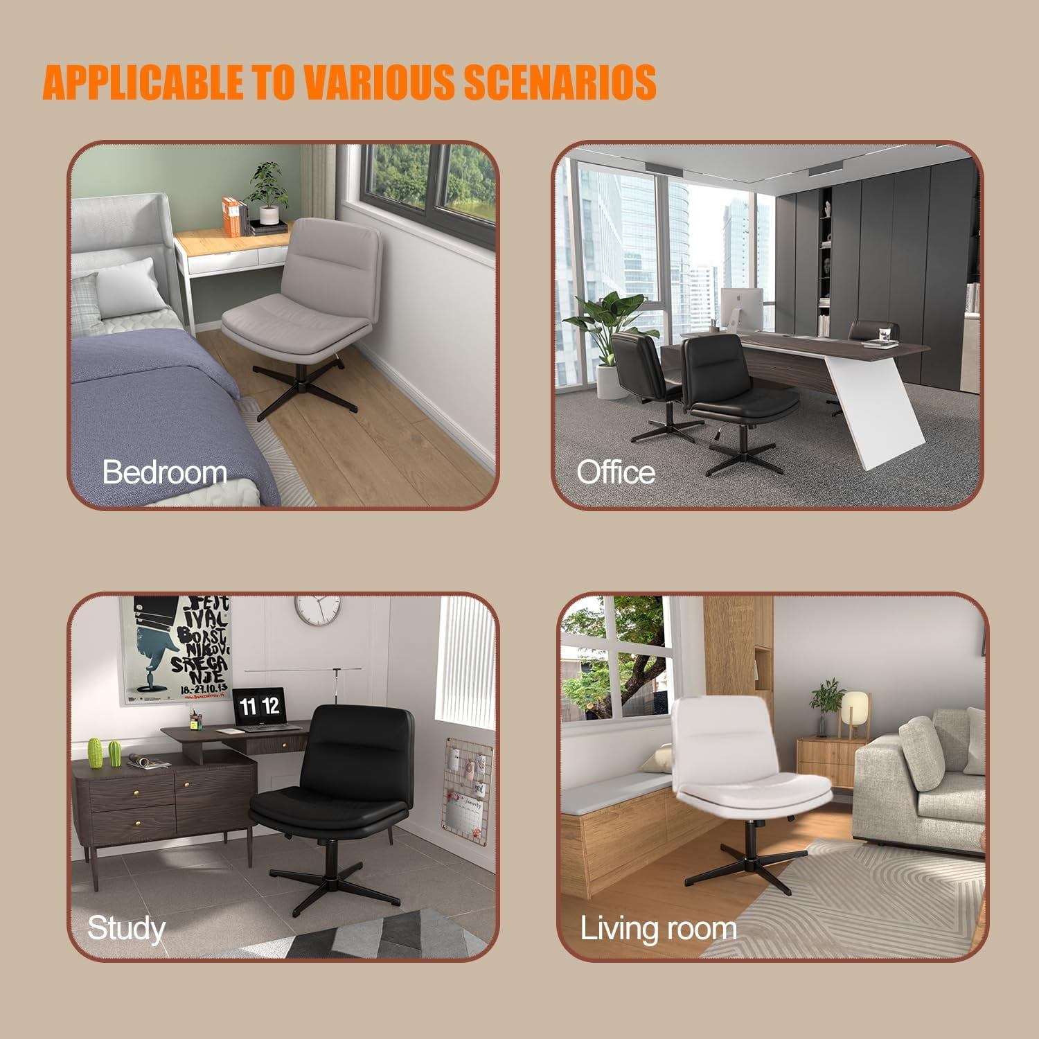 Armless Criss Cross Chair Comfy Cross Legged Home Office Desk Chair Computer Chair Vanity Chair for Makeup Room, Living Room Chairs (Cream)