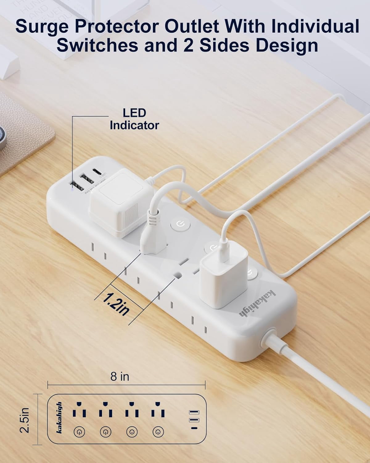 Appliance Extension Cord with Individual Switches on Off - 5 FT, 1875W Heavy Duty Extension Cord with USB Ports, 8 outlets, Circuit Breaker for Microwave, Aquarium, Kitchen, Garage, ETL Listed