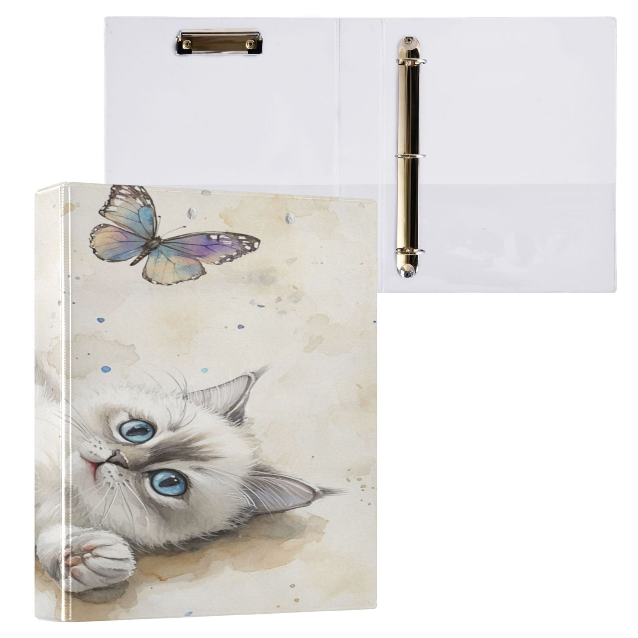 WOBOGO Cat with Colorful Butterfly File Folders Extra Large Capacity to Hold 200 Sheets of Documents Hard Shell Ring Binder for School Home Office