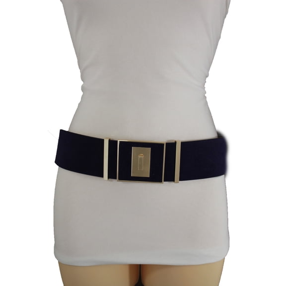 Women Wide Fashion Belt Midnight Blue Faux Suede Leather Gold Square Buckle S M