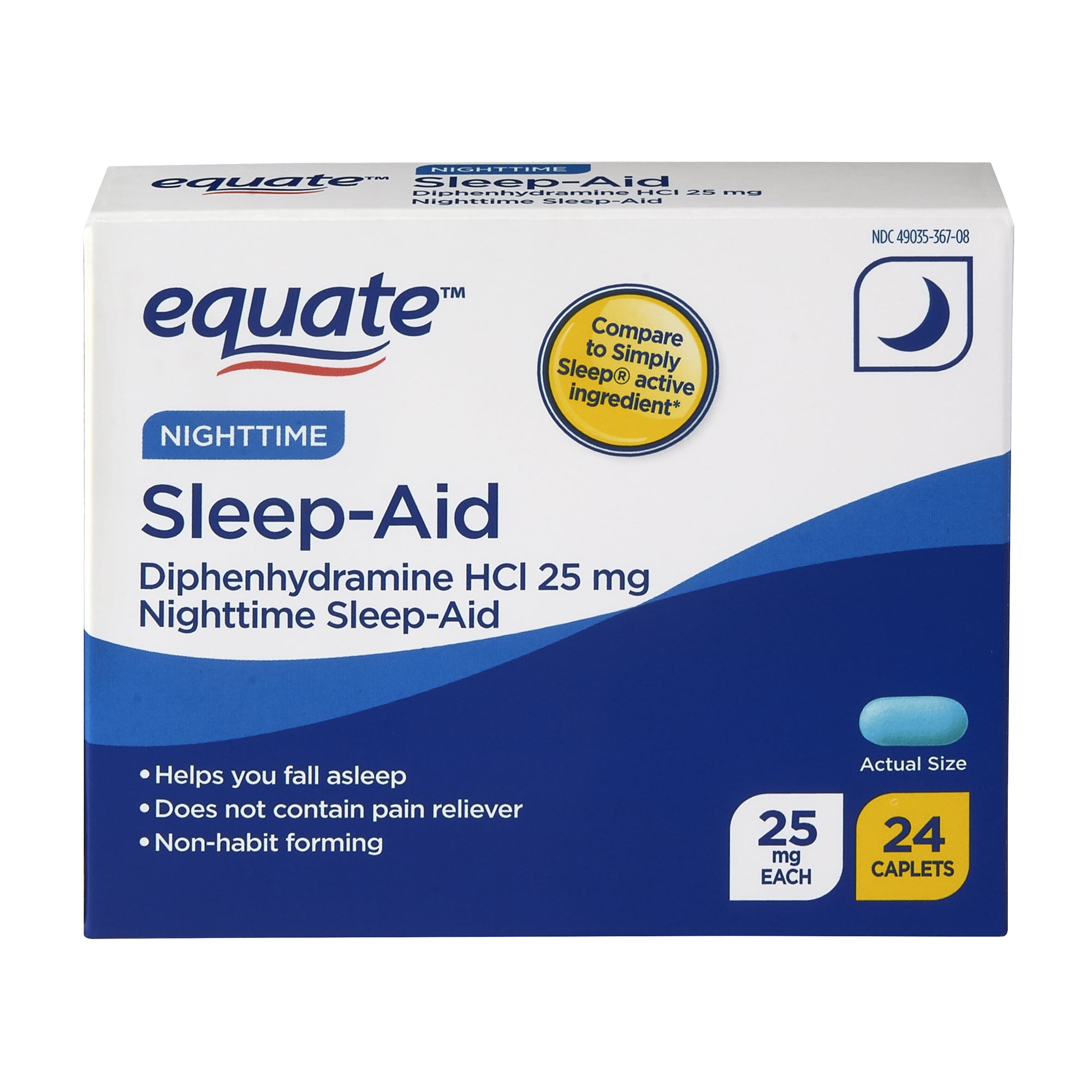 Equate NightTime SleepAid Diphenhydramine Caplets, 25 mg, 24 Count